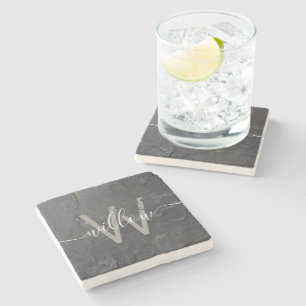 Stylish Charcoal Grey Stone Script Monogram Coaster