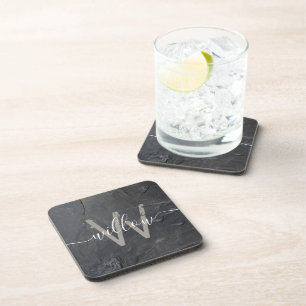 Stylish Charcoal Grey Stone Script Monogram Coaster
