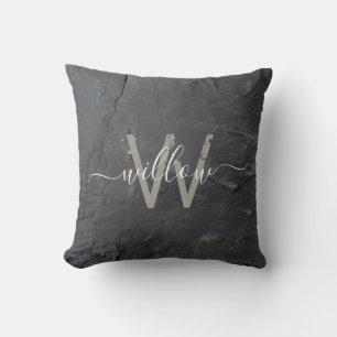 Stylish Charcoal Grey Stone Script Monogram Cushion