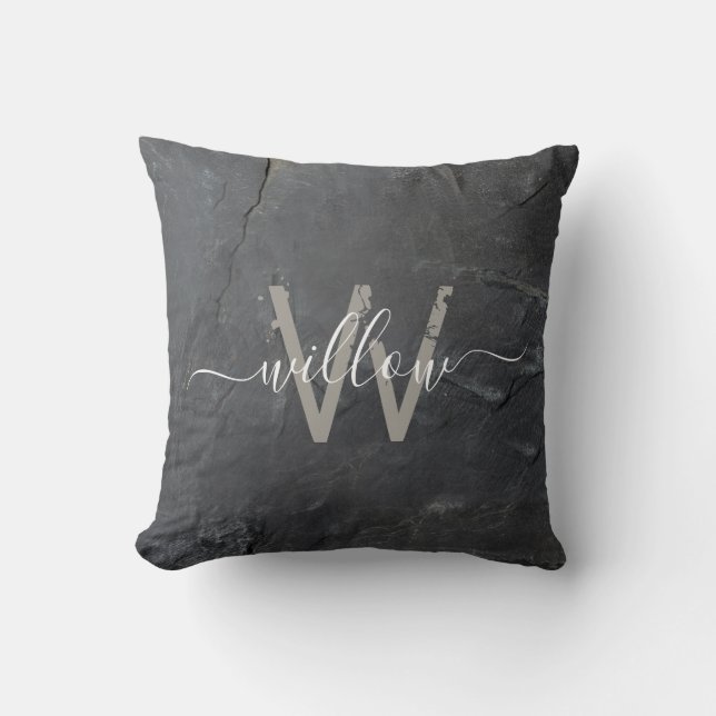 Stylish Charcoal Grey Stone Script Monogram Cushion (Front)