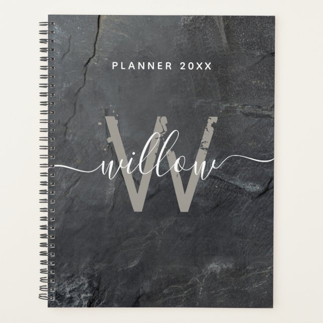 Stylish Charcoal Grey Stone Script Monogram Planner (Front)