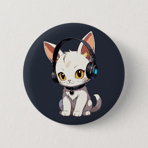 Stylish Charming Cat in Headphones 6 Cm Round Badge
