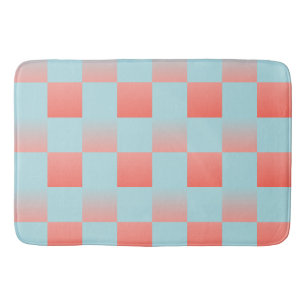 Stylish chequered gradient powder blue coral pink bath mat