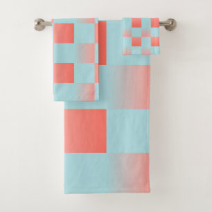 Stylish chequered gradient powder blue coral pink bath towel set
