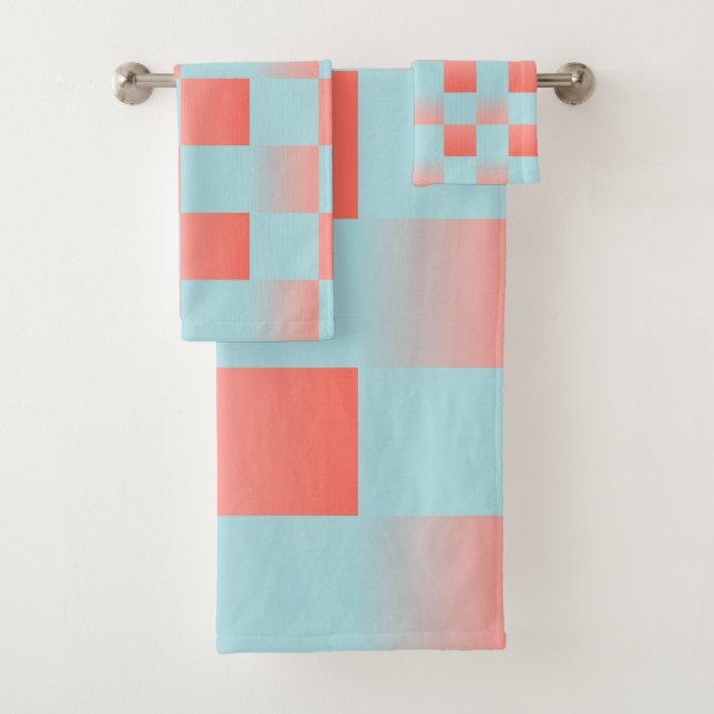 Stylish chequered gradient powder blue coral pink bath towel set (Insitu)