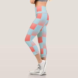 Stylish chequered gradient powder blue coral pink capri leggings