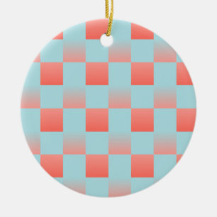 Stylish chequered gradient powder blue coral pink ceramic ornament