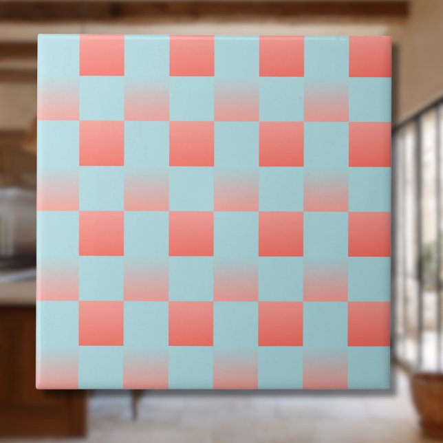 Stylish chequered gradient powder blue coral pink ceramic tile (Creator Uploaded)