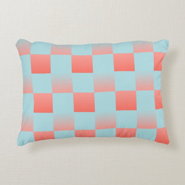 Stylish chequered gradient powder blue coral pink decorative cushion (Front)