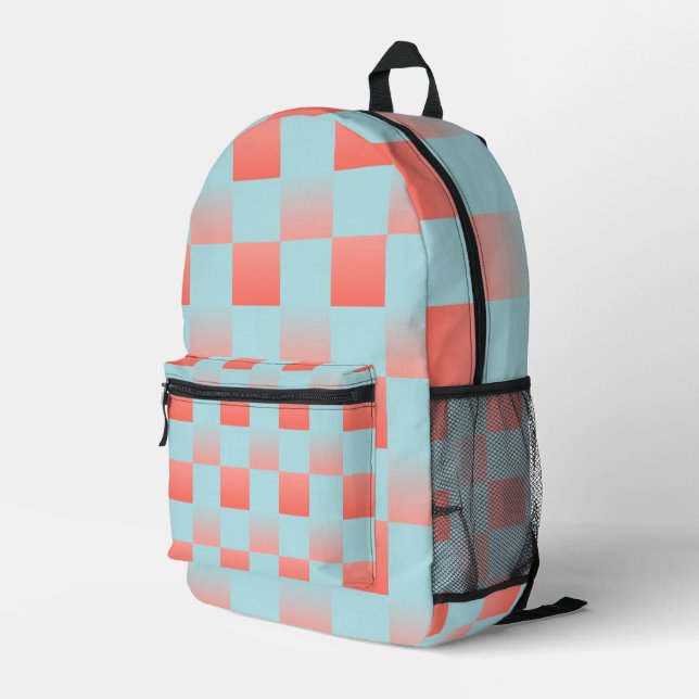 Stylish chequered gradient powder blue coral pink printed backpack (Back Corner Right)