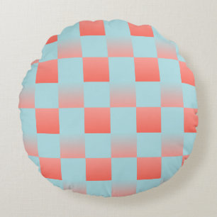 Stylish chequered gradient powder blue coral pink round cushion