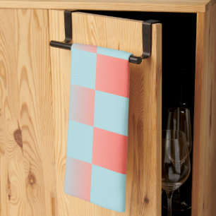 Stylish chequered gradient powder blue coral pink tea towel