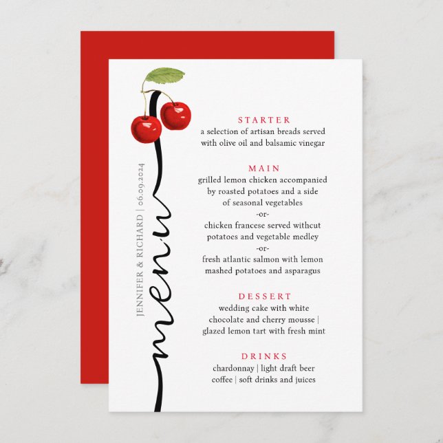 Stylish Cherries Red White Rustic Fruits Wedding Menu (Front/Back)