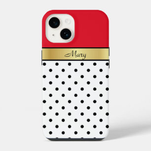 Stylish Cherry Red White Black Dotted, Gold Ribbon iPhone Case