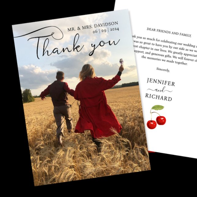 Stylish Cherry Wedding Photo And Black Calligraphy Thank You Card (Creator Uploaded)