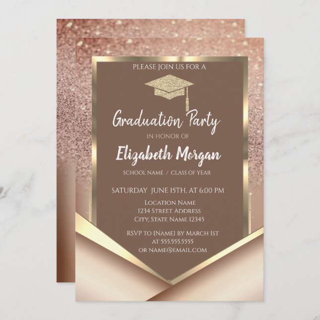 Stylish Chesnut Glitter  Diamonds Graduation Invitation (Front/Back)