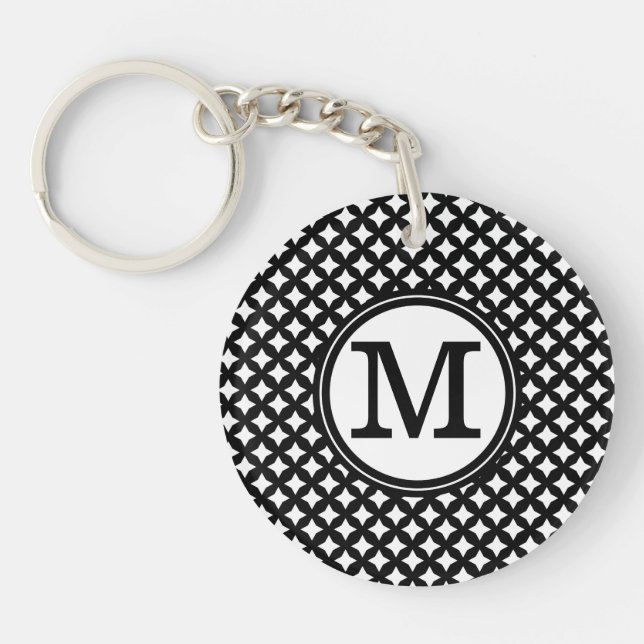 Stylish chic black and white monogram pattern key ring (Front)