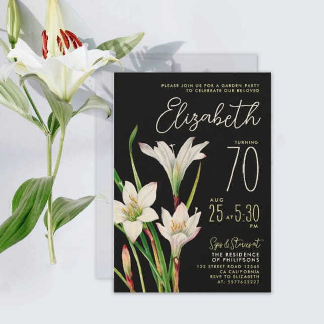 Stylish Chic Black White Lily 70th Birthday Floral Invitation (Creator Uploaded)