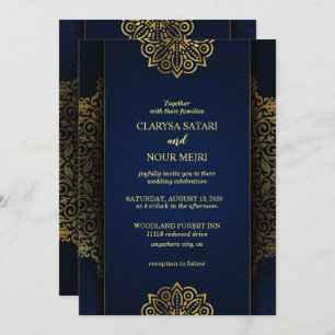 Stylish chic blue gold flowers pattern wedding invitation