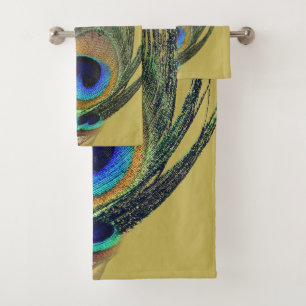 Stylish Chic Blue Green Gold Peacock Feather Bath Towel Set