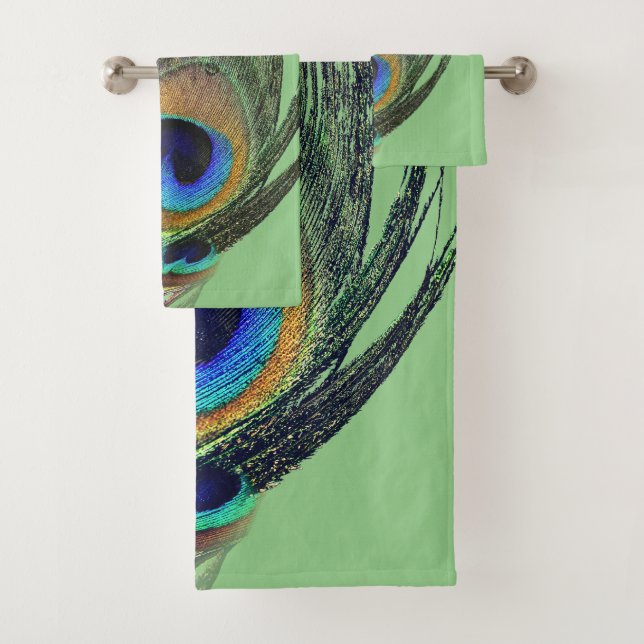 Stylish Chic Blue Sage Green Peacock Feather Bath Towel Set (Insitu)