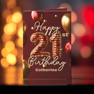 Stylish Chic Burgundy Red and Gold 21st Birthday Card