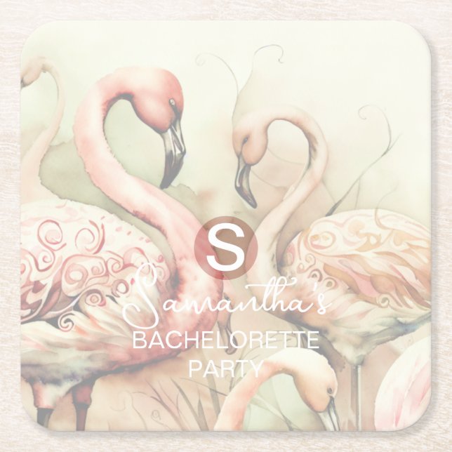 Stylish Chic Flamingo Monogram Personalised Square Paper Coaster (Front)