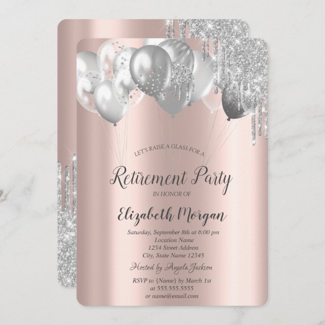 Stylish Chic Glitter Drips Balloons Retirement  Invitation (Front/Back)