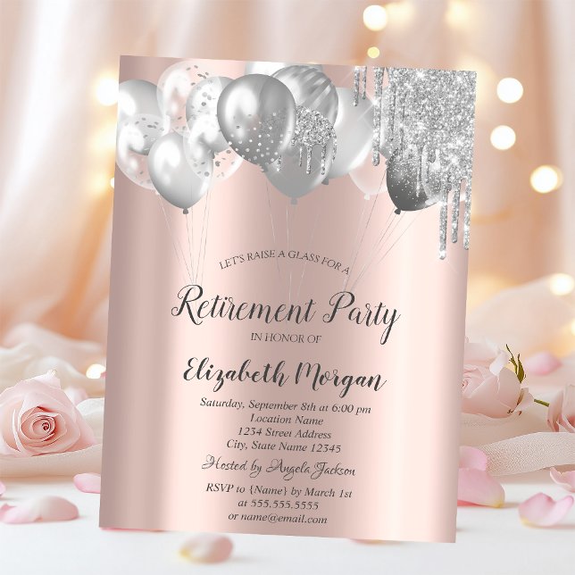 Stylish Chic Glitter Drips Balloons Retirement  Invitation (Creator Uploaded)