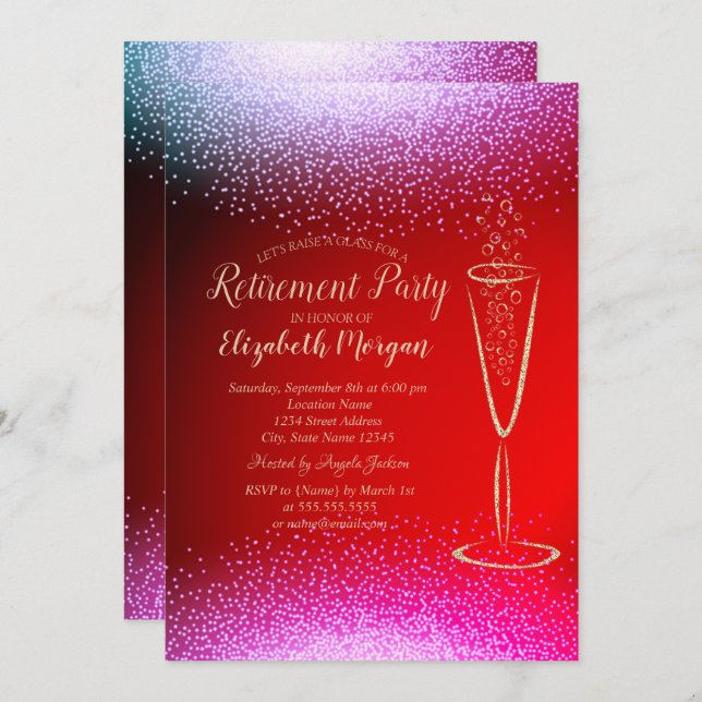 Stylish Chic Gold Confetti Wine Glass  Retirement Invitation (Front/Back)