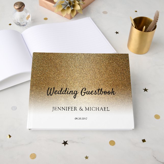 Stylish Chic gold glitter elegant Wedding Guest Book (Front Open)