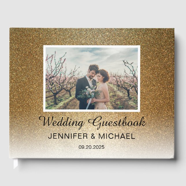 Stylish Chic gold gradient photo couple Wedding Guest Book (Front)