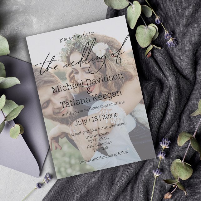 stylish chic handwriting faded photo wedding invitation (Creator Uploaded)