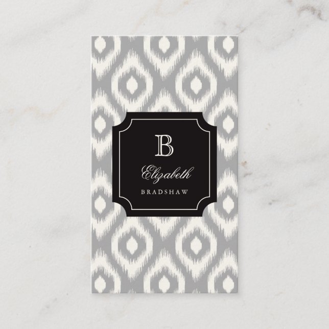 Stylish Chic Ivory Grey Diamond Ikat Monogram Business Card (Front)