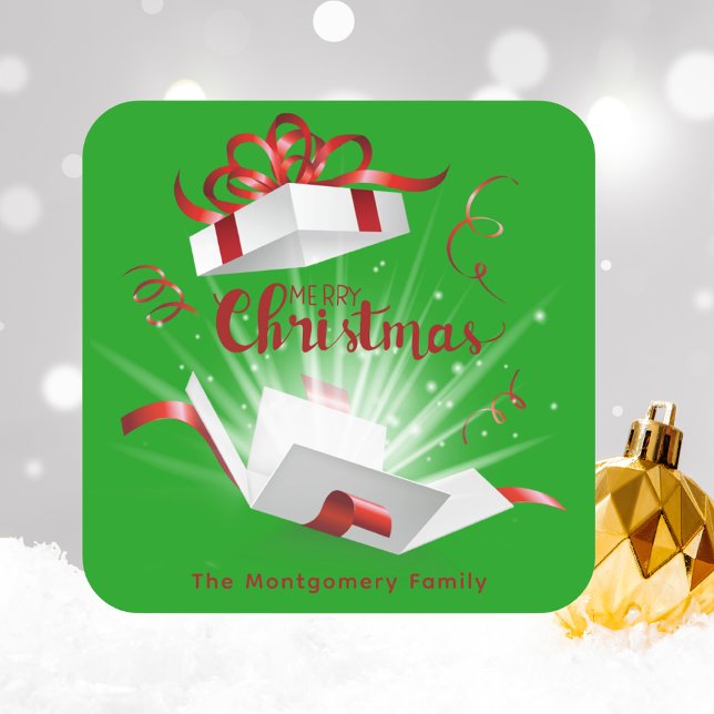 Stylish Chic Merry Christmas Green and Red Square Sticker (Creator Uploaded)