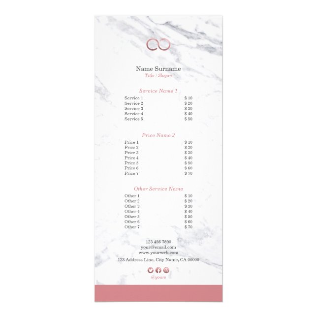 Stylish Chic Minimalist Marble Infinity Rose Gold Rack Card (Front)