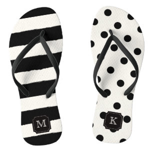 Stylish Chic Modern Black Dots & Stripes Monogram Thongs