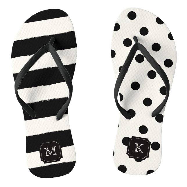 Stylish Chic Modern Black Dots & Stripes Monogram Thongs (Footbed)