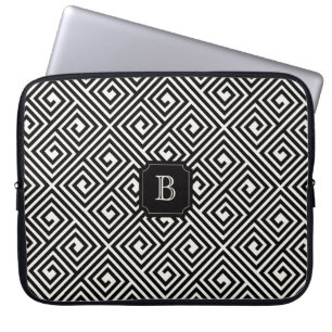 Stylish Chic Modern Black Ivory Greek Key Monogram Laptop Sleeve