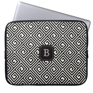 Stylish Chic Modern Black Ivory Greek Key Monogram Laptop Sleeve