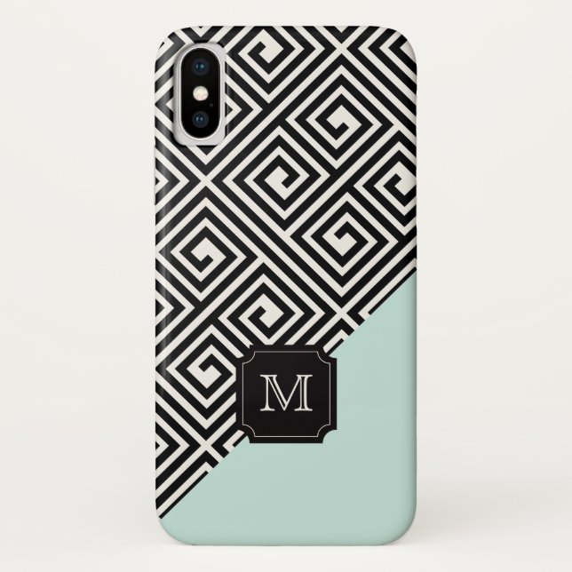 Stylish Chic Modern Black Mint Greek Key Monogram Case-Mate iPhone Case (Back)
