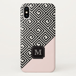 Stylish Chic Modern Black Pink Greek Key Monogram iPhone X Case