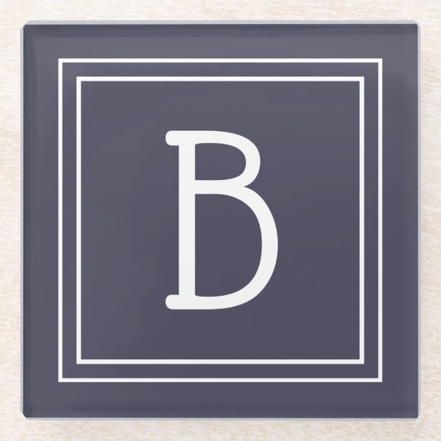 Stylish Chic Monogrammed Dark Blue & White Initial Glass Coaster (Front)