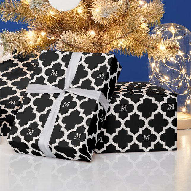 Stylish Chic Moroccan Quatrefoil Pattern Monogram Wrapping Paper (Holidays)