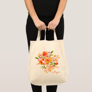 Stylish Chic Orange Watercolor Floral Personalised Tote Bag