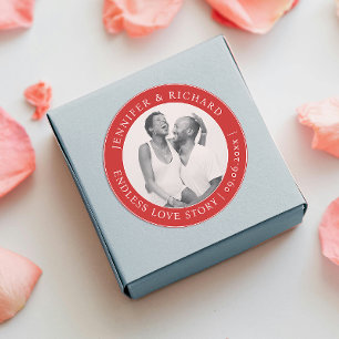 Stylish Chic Photo Red White Love Name Wedding Classic Round Sticker
