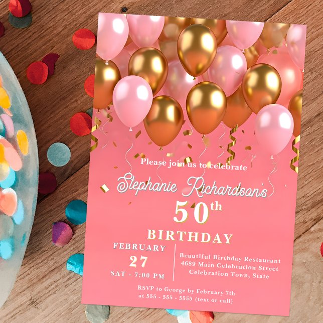 Stylish Chic Pink and Gold Balloons 50th Birthday Invitation (Creator Uploaded)