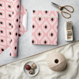 Stylish Chic Pink Black Ivory Diamond Ikat Pattern Wrapping Paper