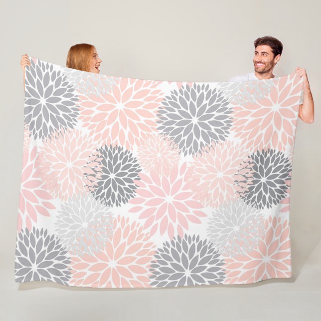 Stylish Chic Pink Grey Flowers Fleece Blanket (In Situ)