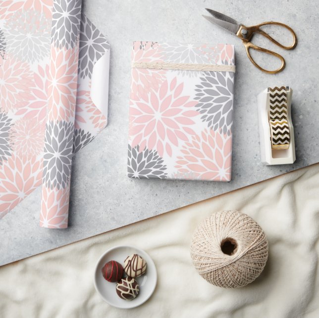 Stylish Chic Pink Grey Flowers Wrapping Paper (Crafts)